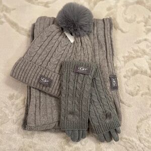 UGG Winter  Grey   Sweater Weather pom pom hat infinity scarf Set. NWT